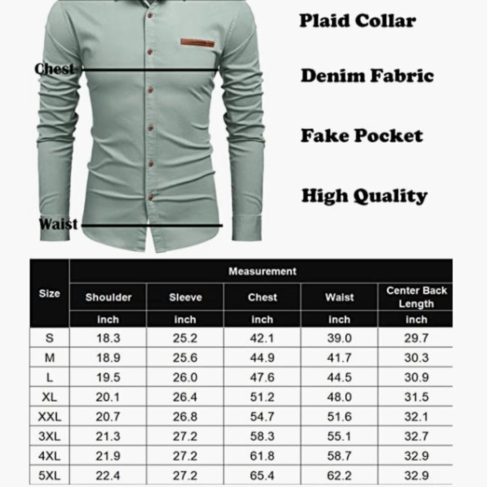 Casual Dress Shirt Button Down Shirts Long-Sleeve Denim Work Shirt, 5XL - Picture 7 of 8